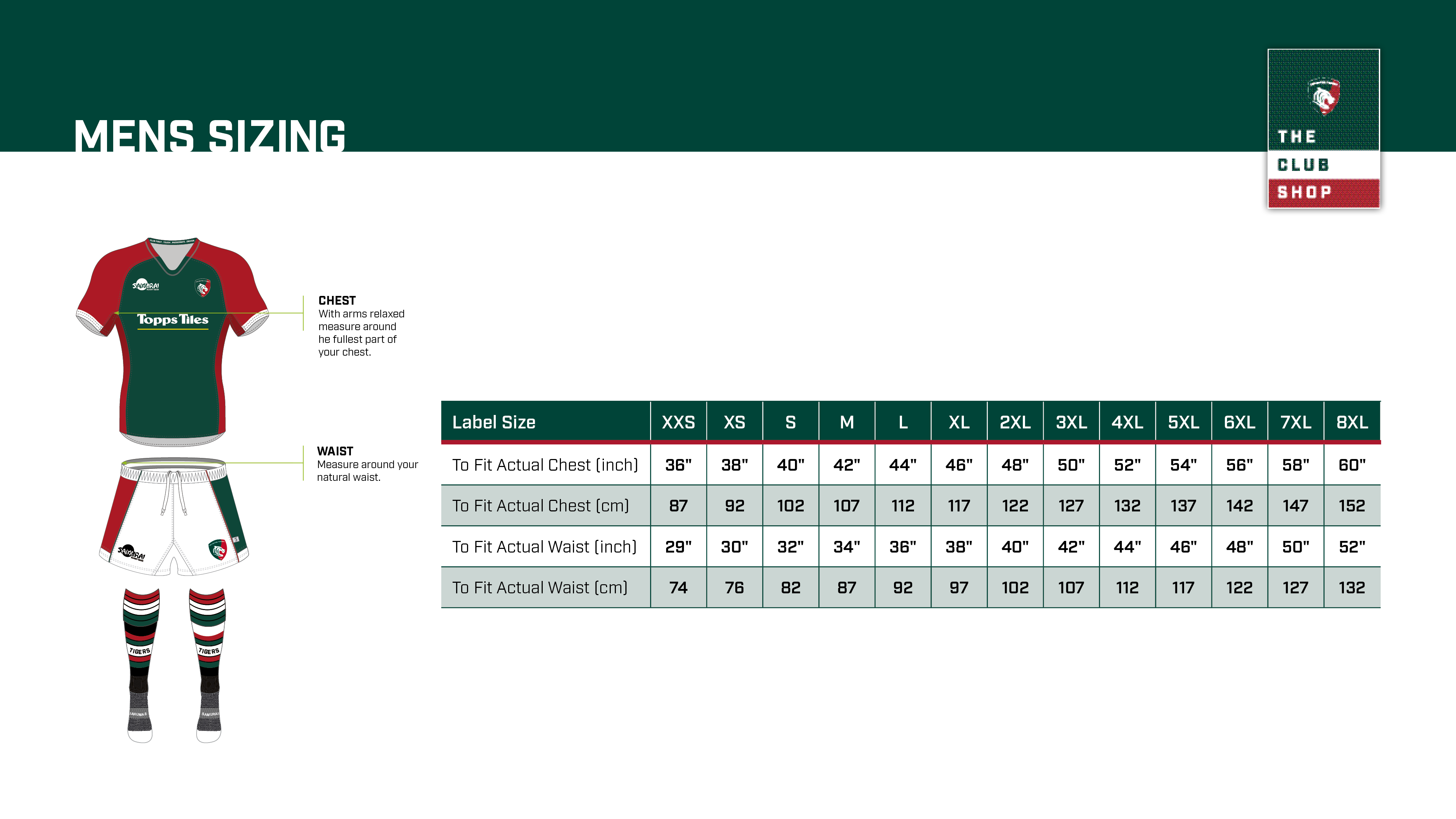 Leicester Tigers Mens Size Guide